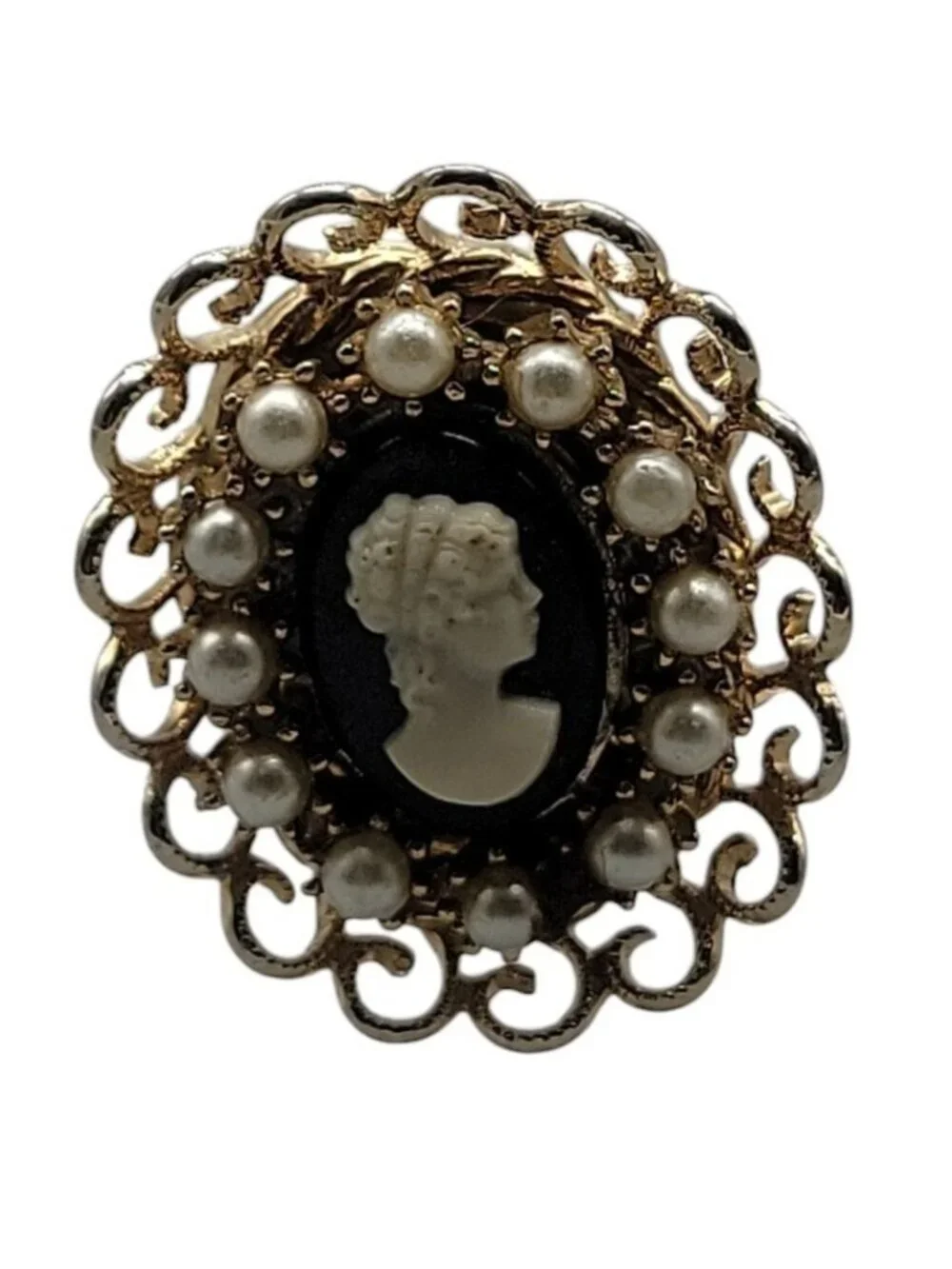 Coro Cameo Brooch Faux Resin  Gold Tone Open Work Frame Faux Pearl Black White